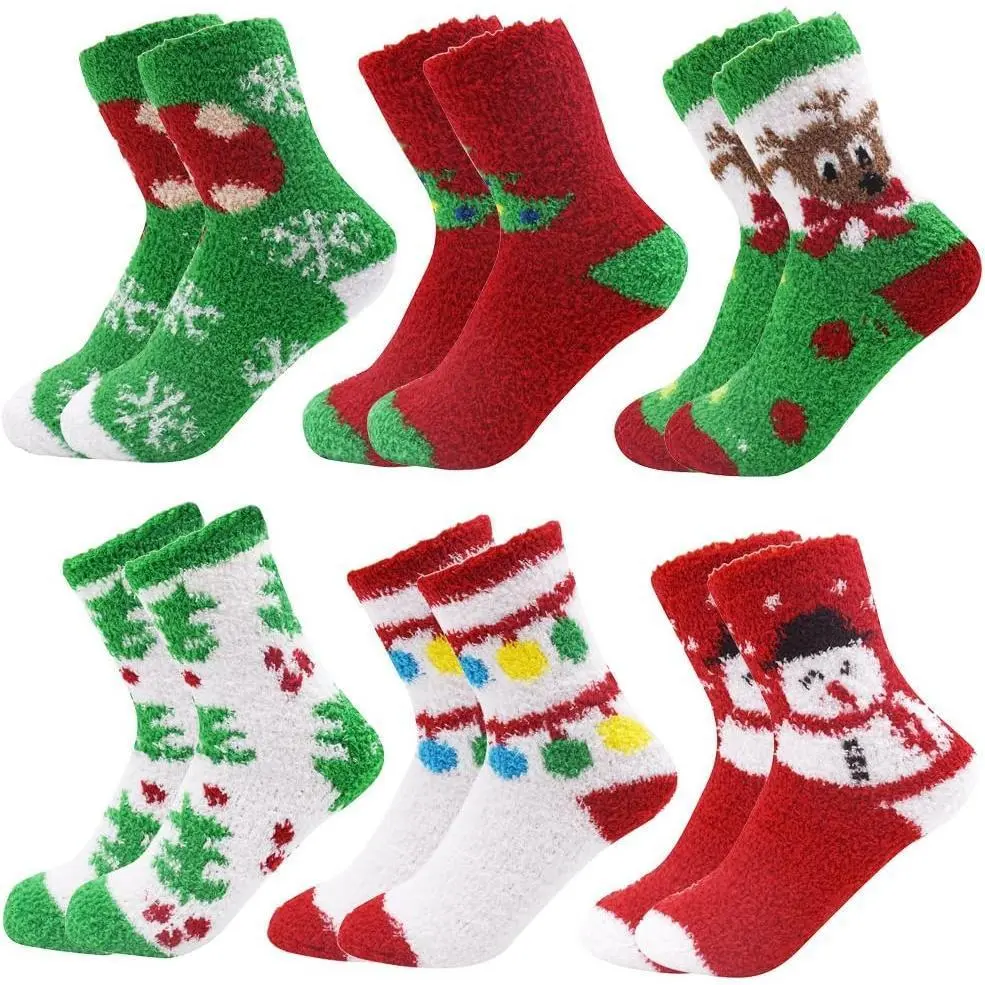 qqc X-SOK27 Boys' 6-Pair Above Ankle Fluffy Slipper Socks - Warm, Cozy, Anti-Slip Bottom, Plus Size, Spandex-Polyester Fabric, Flexible Fit, One Size, Assorted Prints, Holiday Theme for Christmas Wear, 6 Pairs, Anti-Slip Grip