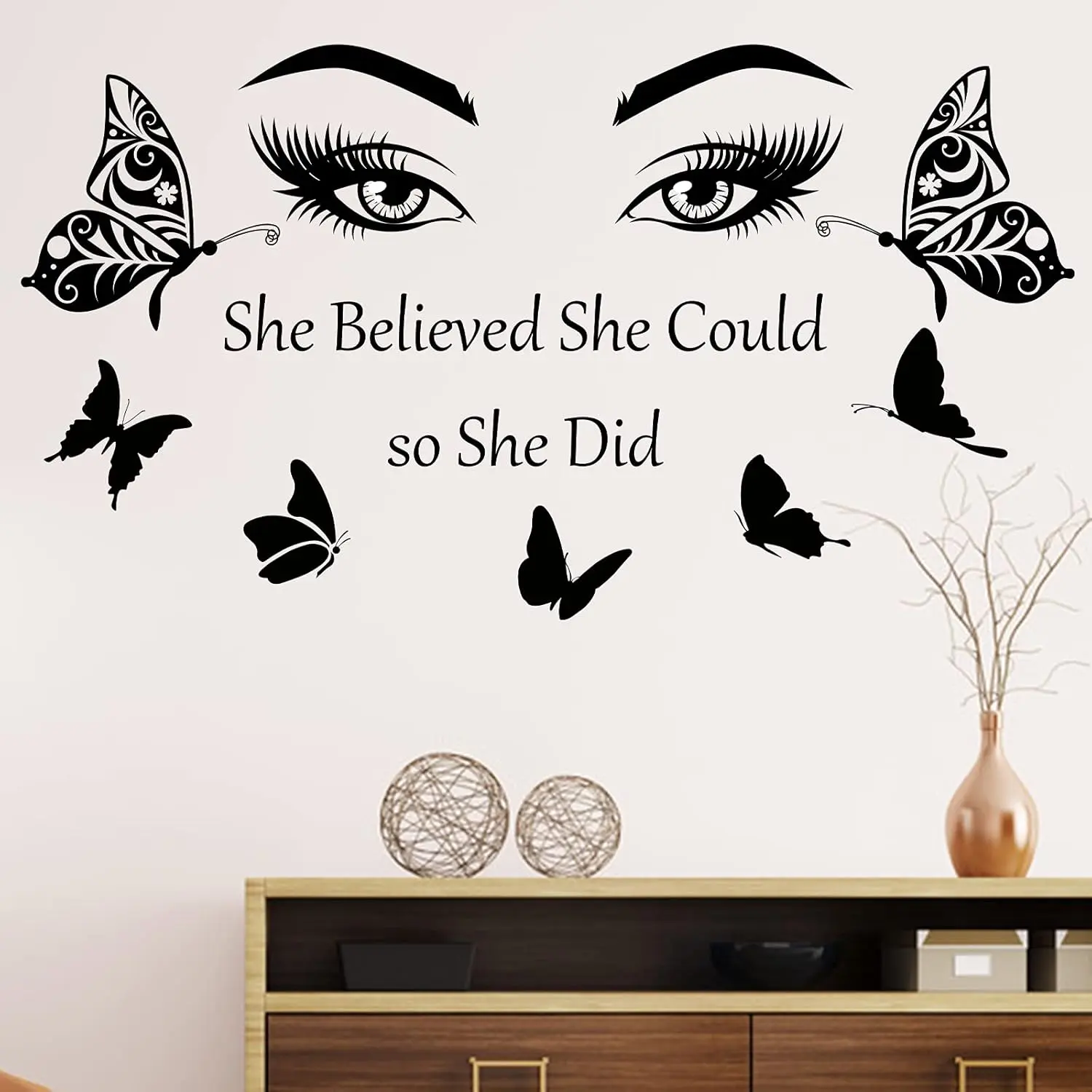 She Believe She Could So She Did Wall Art - Inspirational Eyelash Eyes Wall Stickers for Women and Girls