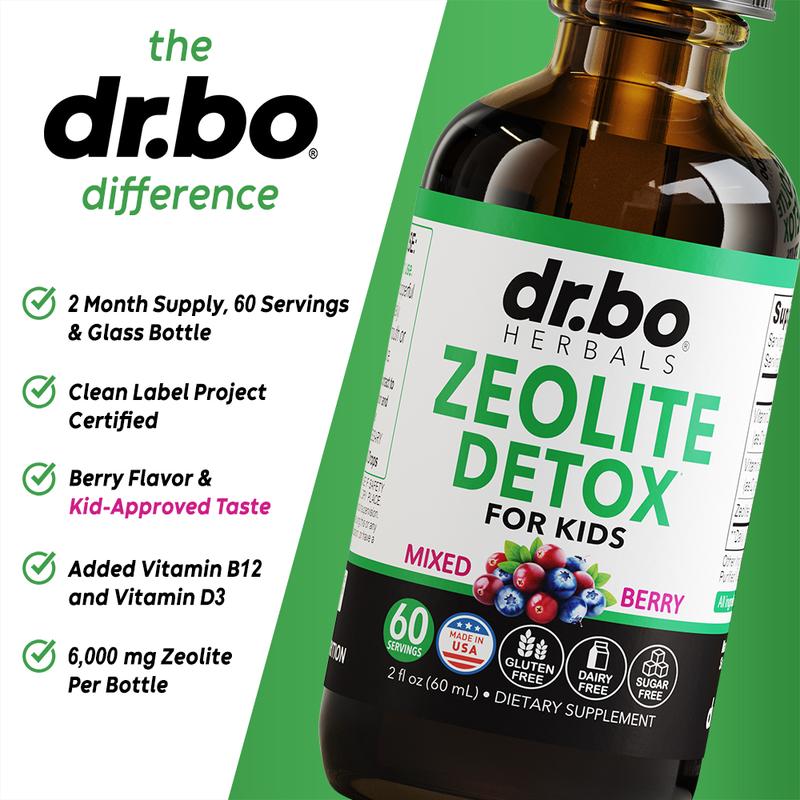 Dr. Bo Zeolite Detox Liquid Drops - Berry Flavored Daily Cleanse with Vitamin D & B12 - Energy, Mental Clarity & Immune Support - 60 Servings