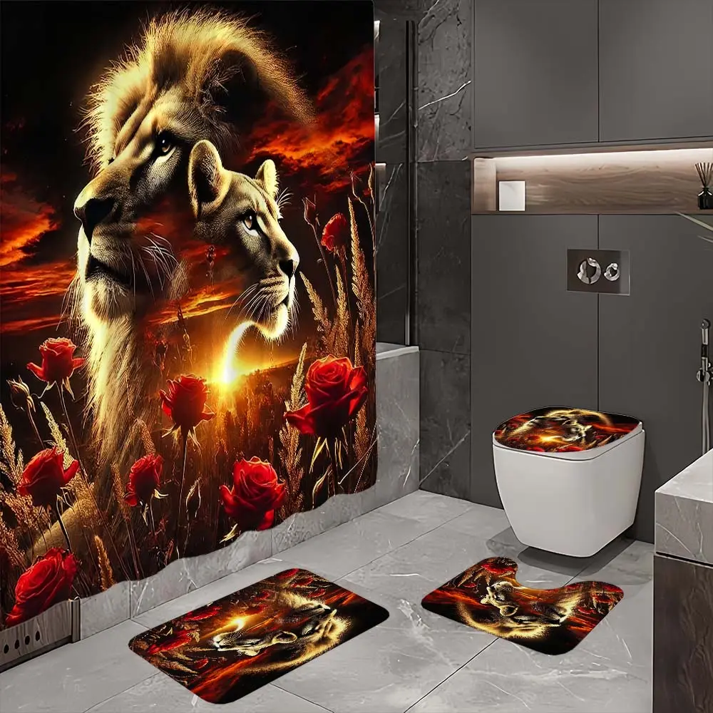 4-piece fresh flower lion pattern bathroom set, 4 items include a shower curtain, non-slip mat, U-shaped toilet mat, and toilet lid cover, with curtain hooks; belongs to bathroom decor products.