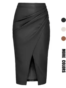 Women's Fall Winter Sexy Chic Split Zipper Leather Skirt, High Waist Slim Fit Midi Skirt for Home Office Outdoor City Style