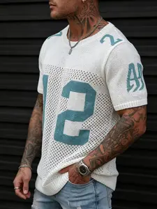 Men's Summer Sporty Knitwear, Trendy Round Neck Breathable Mesh Number Pullover, Blue T-Shirt 2026 New Men's Top, Graphic Sweatshirt, Fashion Summer Sportswear