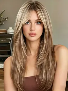 24-Inch Elegant Brown Ombre Bangs Wig for Women, Layered Straight Heat-resistant Synthetic Wig, Perfect for Daily Wear, Parties, Holidays, Cosplay