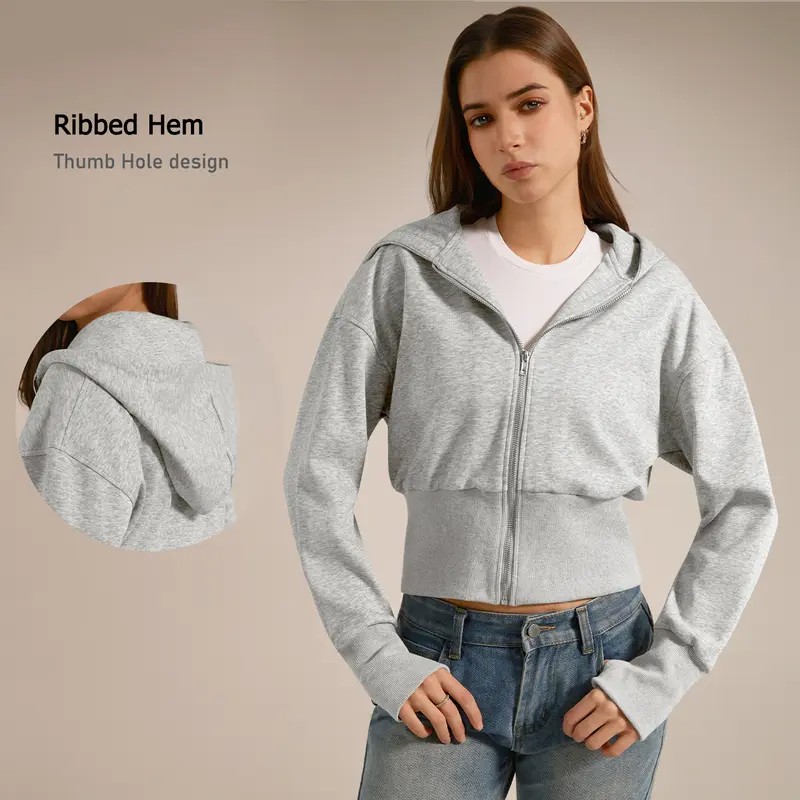 TIMEOFF Women's Cropped Zip-Up Hooded Gym Jacket - Long Sleeve Cozy Women Workout Clothes, Gym-to-Casual Outerwear for Daily & Athletic Fitness Use