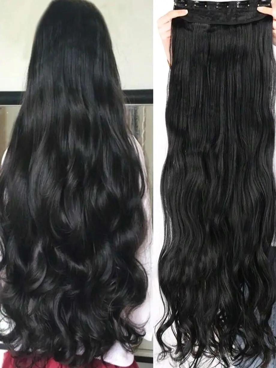 Black Extra Long Wavy Clip In Hair Extensions 18–36 Inch | 5 Clips Synthetic Wig Hairpieces