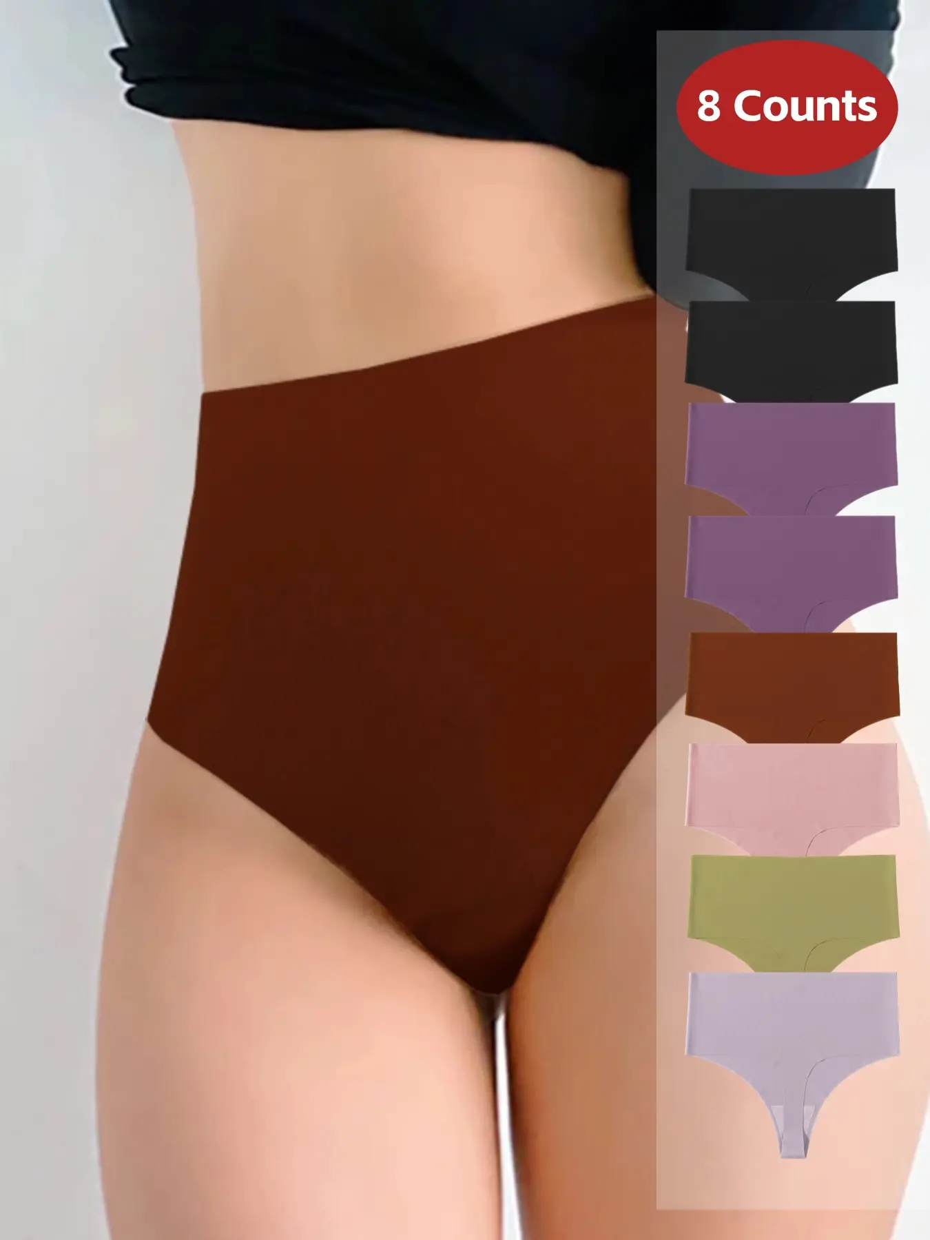 Women's High-Waisted Thong Panties, 8-Pack Seamless Ice Silk Underwear, Casual Slim-Fit Comfortable All-Seasons Lingerie
