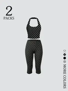 2-Piece Women Halter Crop Top & High Waist Capri Leggings Set, Stretchy Breathable Fabric, Slimming Tummy Control, Perfect for Gym, Yoga, Running & Casual Wear