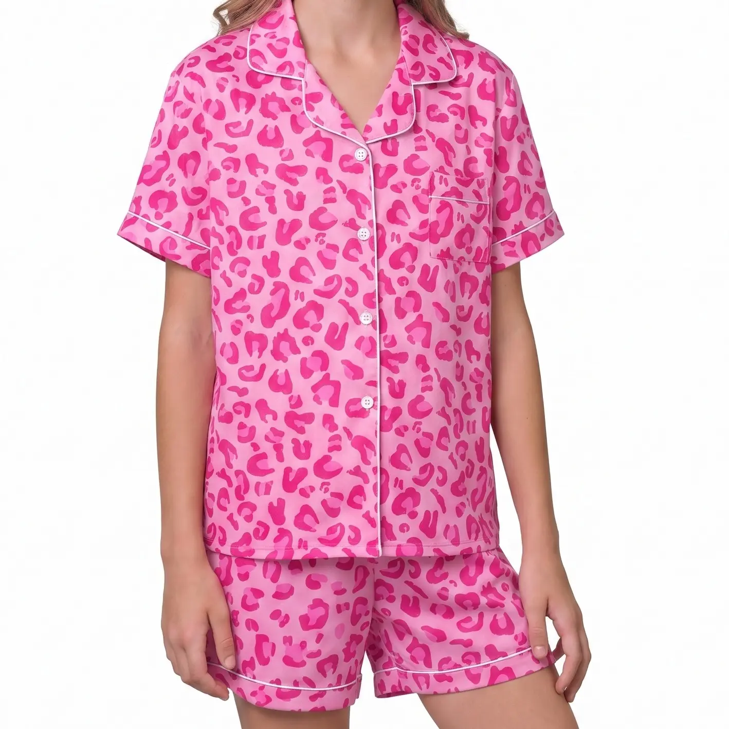 Girls Pajamas Silk Satin Sleepwear | Bright Pink Leopard Print Short Sleeve Pjs Set | Kids Pyjamas for Girls Cute Button Down Loungewear Shorts 2 Piece | Toddler Girl Summer Clothes Soft Nightwear Birthday Gifts