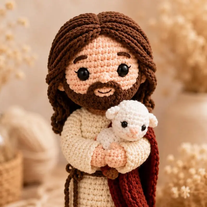 Jesus Crochet Doll with Lamb, Good Shepherd Amigurumi, Handmade Catholic Gift, Christian Nursery Decor, First Communion Baptism Gift