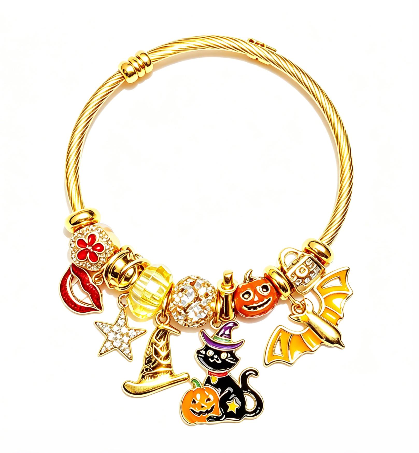 Halloween Charm Bangle Bracelet, Gold Tone Adjustable Wire Cuff with Black Cat, Pumpkin, Bat Witch Hat Enamel Charms, Halloween Jewelry Gift for Women Girls Halloween Charm Bangle Bracelet, Gold Tone Adjustable Wire Cuff with Black Cat, Pumpkin, Bat Witch Hat Enamel Charms, Halloween Jewelry Gift for Women Girls