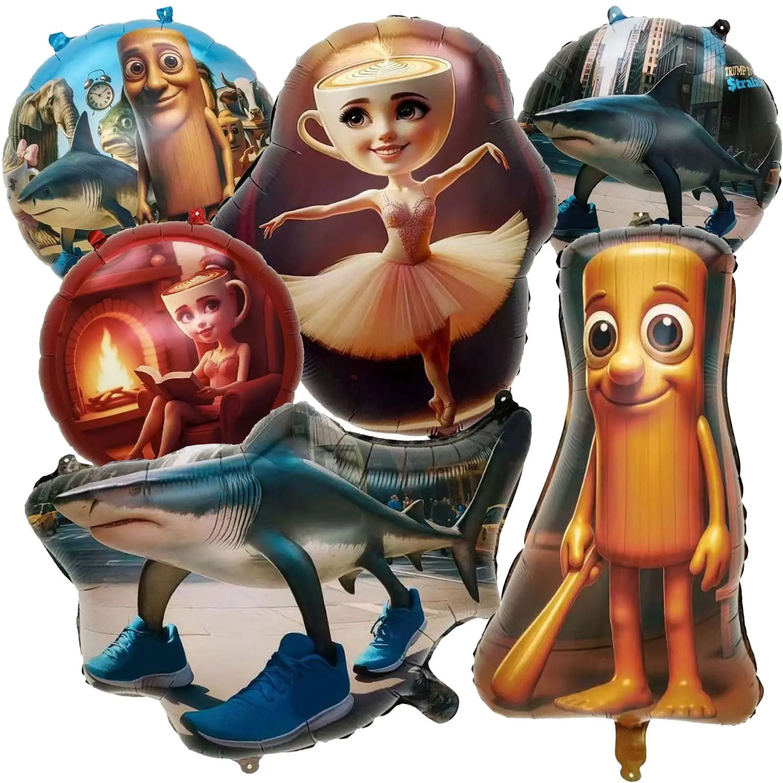 6PCS Italian Brainrot Meme Foil Decorations - Tralalero Tralala Character Aluminum Items for Wedding Party, Balloon Garland, Wall Displays