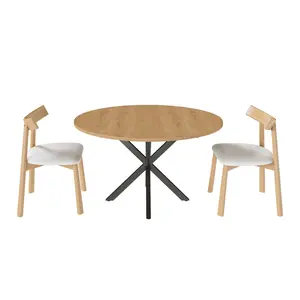 2-6 Seater Expandable Round Dining Table Set, 43 to 58 Inch Oak Finish Extendable Dinner Table, Carbon Steel Stable Base with 2 Solid Wood Chairs, Modern Space Saving Dining Room Home Furniture for Apartment Living