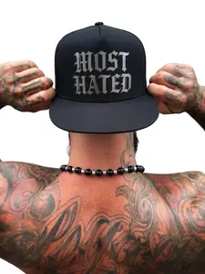 TheDriveClothing Most Hated Electric Black Flat Bill Snapback Hat – All Black Trucker Cap, Electric Black Print Mesh Back Hat, Structured Flat Brim Streetwear Headwear