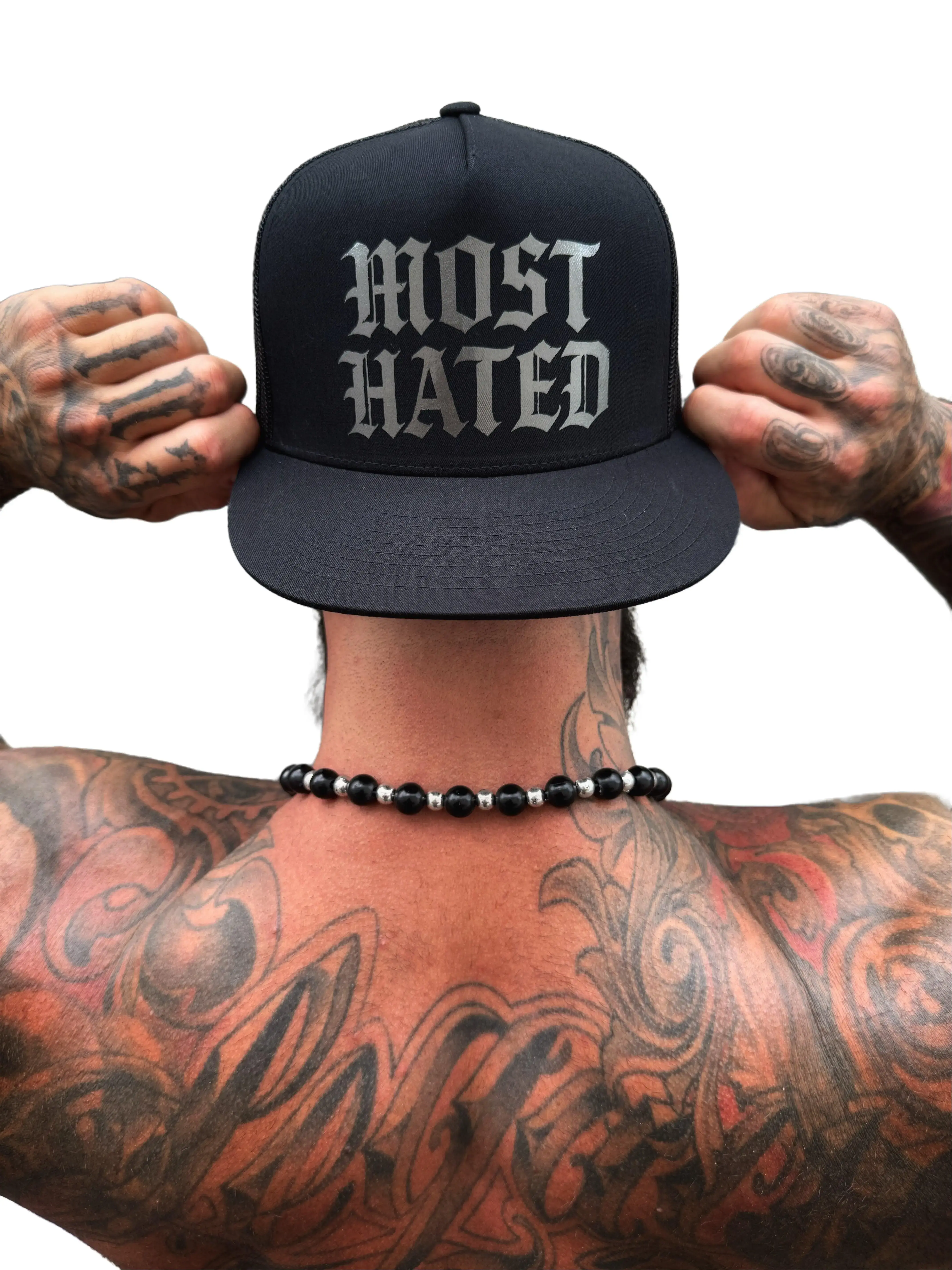 TheDriveClothing Most Hated Electric Black Flat Bill Snapback Hat – All Black Trucker Cap, Electric Black Print Mesh Back Hat, Structured Flat Brim Streetwear Headwear