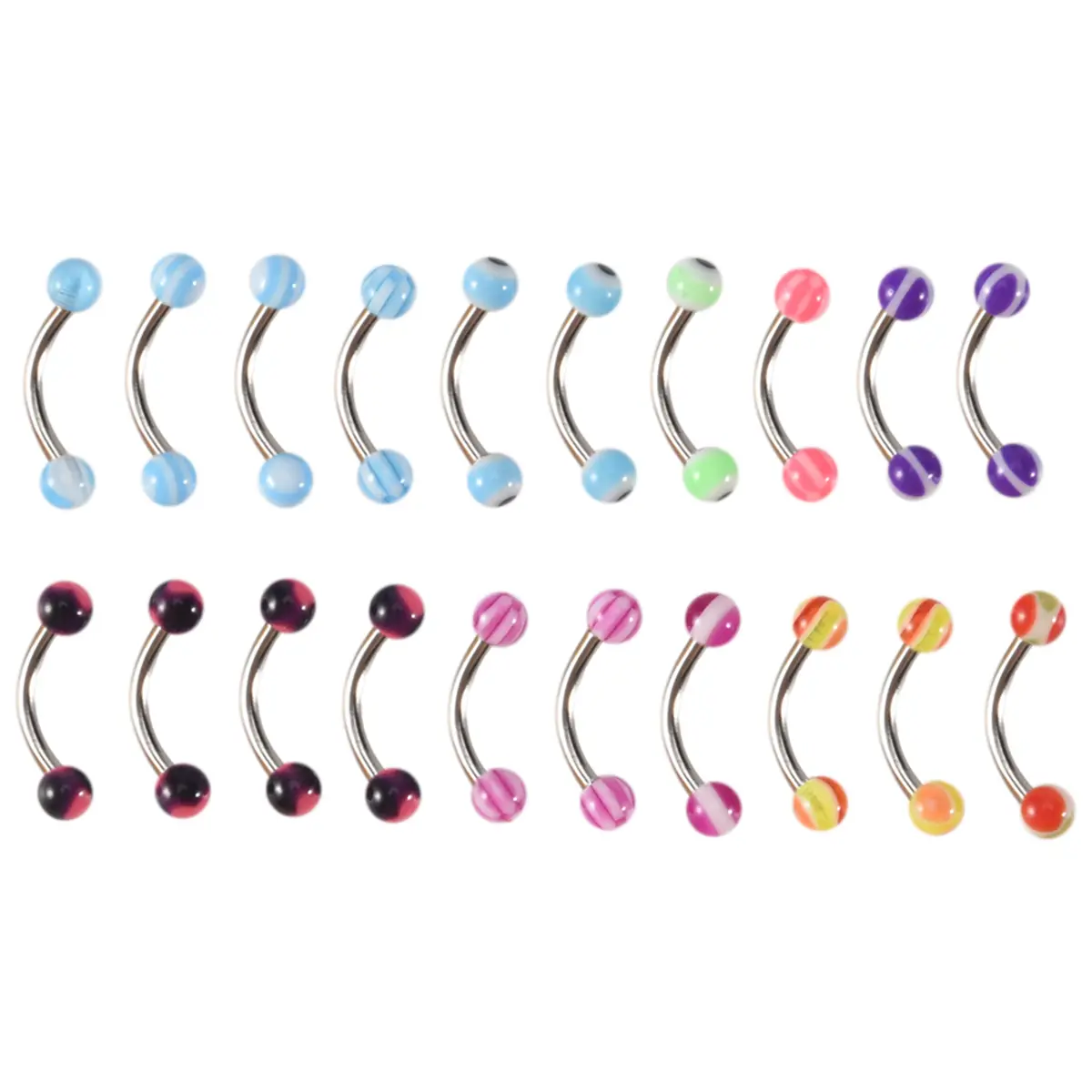 20pcs Fashion Metallic Curved Barbell Piercing Jewelry with Ball Ends - Everyday Eyebrow Rings, Tragus Piercing Bars