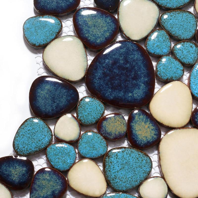 Pebble Tiles 5 Sheets, Aqua Teal Blue Mosaic Tiles for Accent Wall Backsplash, Pebble Tile for Bathroom Shower Floor