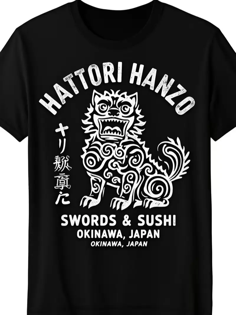 Hattori Hanzo Shisa Lion Okinawa Japan Vintage Graphic Cotton T-Shirt, Swords & Sushi Retro Japanese Casual Short Sleeve Tee