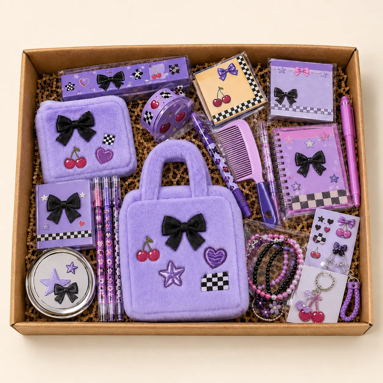 15–20 Piece Purple Bow Pattern Mini Tote Bag Gift Set with  Notepad, Stickers, Bracelets and Hair Accessories, Ready-to-Gift Party Favor for Birthday, Halloween and Christmas