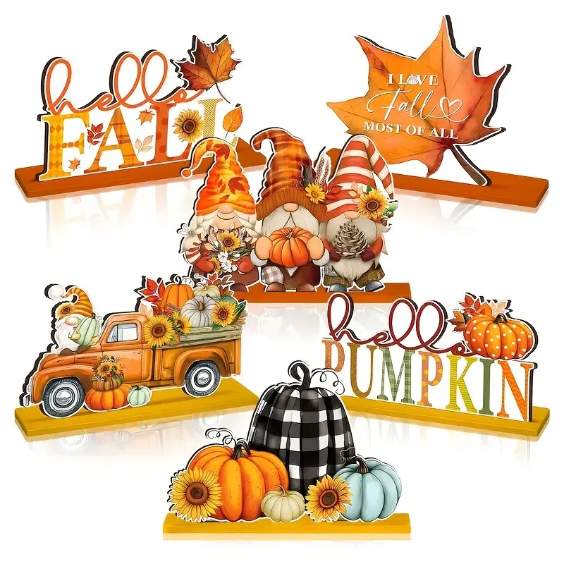 6 Piece Fall Table Decor Set, Pumpkin Wooden Sign, Maple Leaf Truck Tray, Thanksgiving Harvest Centerpiece, Home Kitchen Fireplace Decor, Decorative Ornaments, Festive Decoration