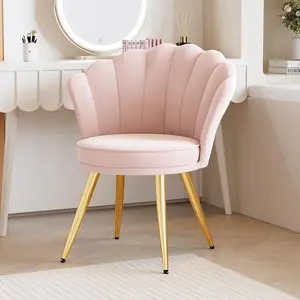 Pink Velvet Vanity Chair – Upholstered Makeup Room Chair with Gold Legs, Soft Cushion & Elegant Shell Design for Bedroom