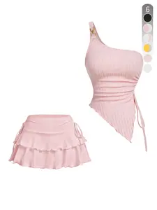 Women's Ribbed Knit Drawstring Side-Tie Top + Asymmetrical Off-Shoulder Vest & Pleated Outfit