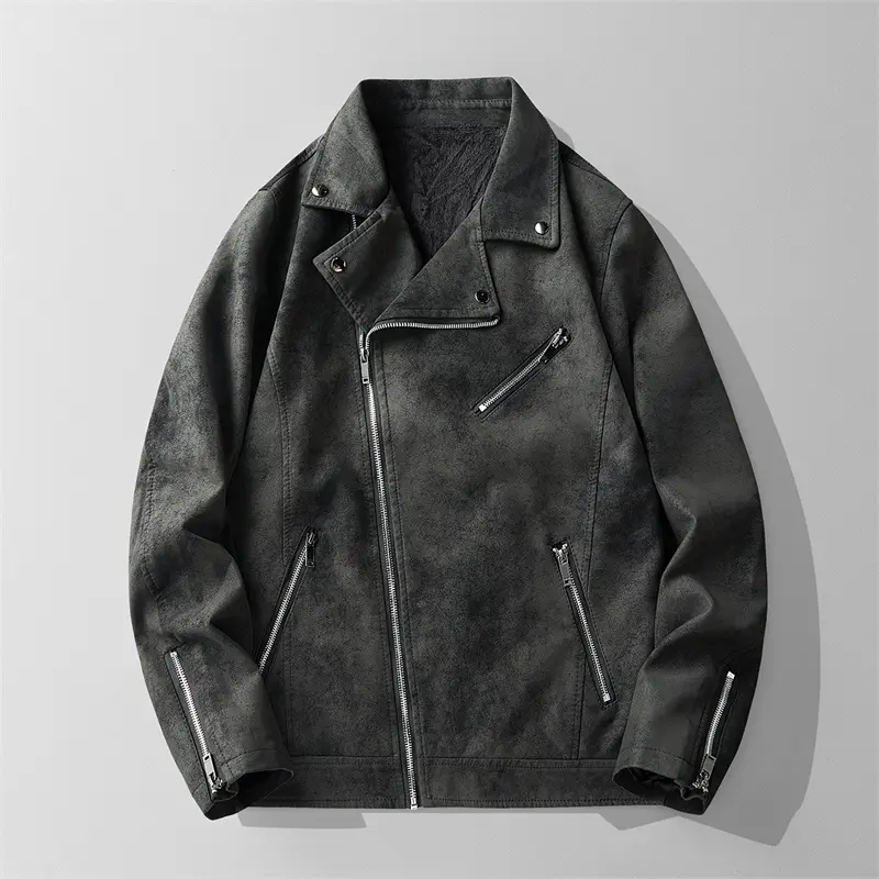 Men's vintage suede motorcycle riding jacket, asymmetrical diagonal zipper stand up collar with multiple zipper pockets, loose Y2K punk street jacket, men's outdoor casual jacket jacket