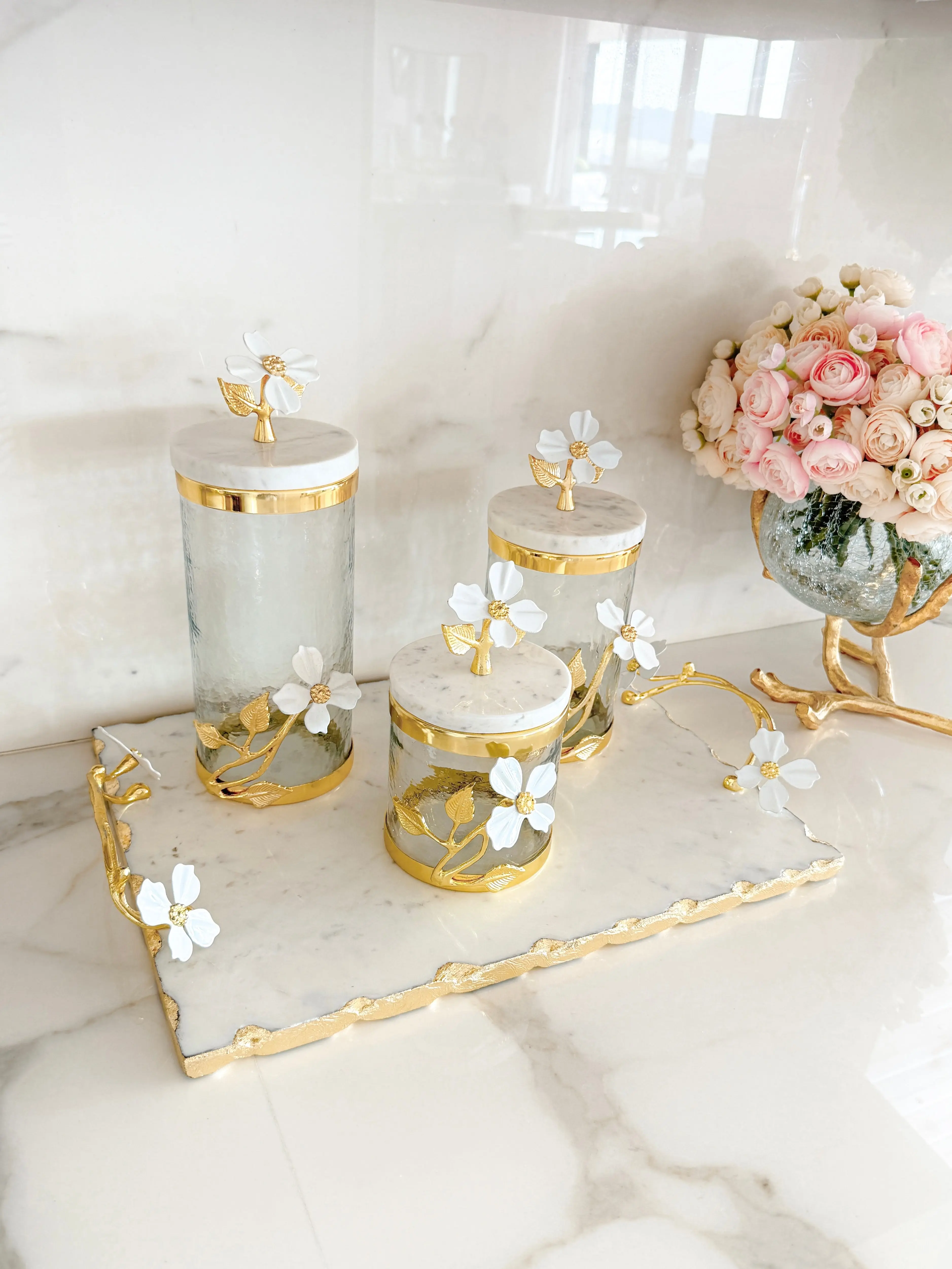 Marble Rectangle Tray with Gold Jasmine Flower