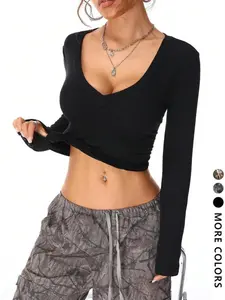 Women's Slim Fit Tie-Dye V Neck Crop Top, Stretchy Fabric Design, Style, Ideal for Parties & Dates, Long Sleeves, Fall Winter Season