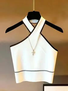 Women's New Fashion Simple Colorblock Cross Design Halter Knit Slim Short Sleeveless Tank Top, Cropped Tank Tops, Stylish Casual Summer Wear, Perfect for Daily, Fitted, Womenswear