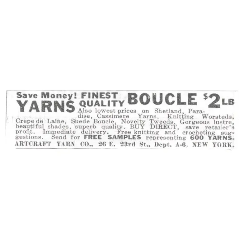 Artcraft Yarn Co. Finest Quality Boucle New York NY 1936 Ad SAG4-S12