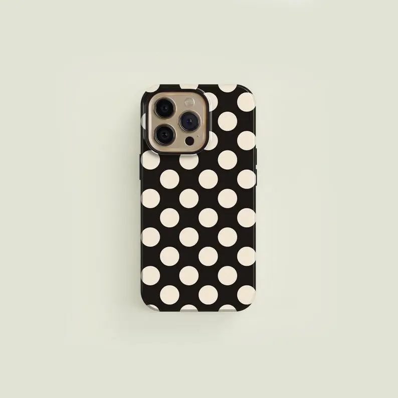 Classic Polka-Dot Black & Cream Premium Film 2 in 1 Phone Case - Durable, Shock Absorbing and Stylish Protection - Compatible with iPhone 16, 15, 14, 13, 12, 11, Plus, Pro, Pro Max, Perfect birthday gift for friends.
