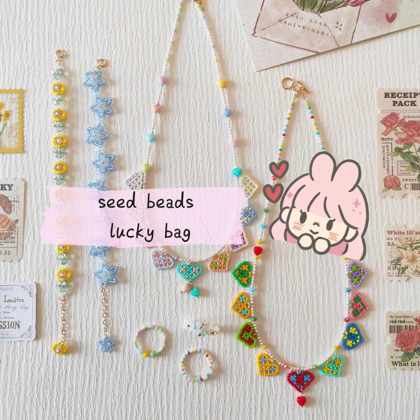 Manifestation bag Lucky Bag Adorable Seed Beads for Diy ，Colorful Beads Collection Blind Bag and Worry Bag Relax Bag Gifts for Girls