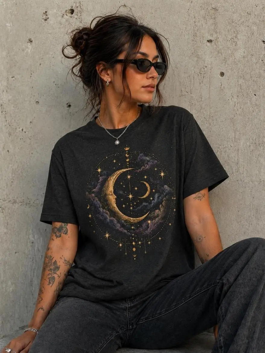 Crescent Moon Constellation T-Shirt, Celestial Stars Night Sky, Soft tee, Moon Phase Shirt, Dreamy Shirt, Mystical Shirt, Spooky Summer, Soft Fabric, Feels Great All Day, Looks Good, Feels Better