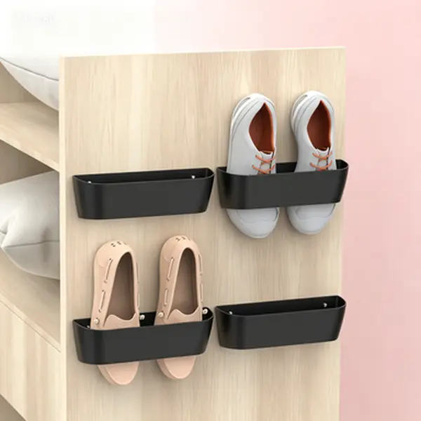 sm03-black-4 Self-Adhesive Plastic Base Shoe Organizer 4-Pack, Wall-Mounted Hangable Rack Shoe Storage with Strong Strips, No-Drilling Over the Door Entryway Closet Hangers for Sneakers Sandals, Hangable Shoe Storage
