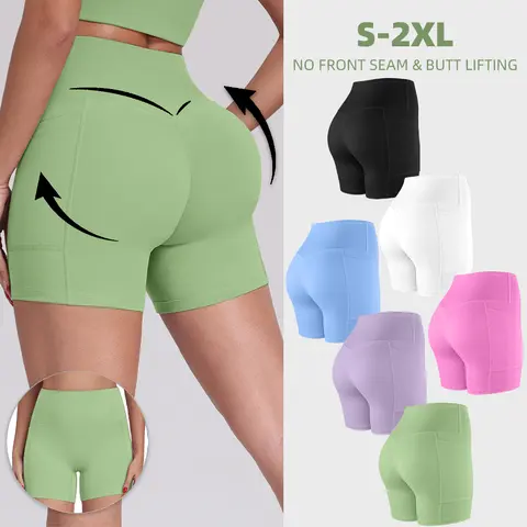 【LOCAL SHIPPING】1/3/4/6-PACK NO FRONT SEAM & BUTT LIFTING SHORTS with Pockets S-2XL - Women's High Waist Tummy Control 5'' Shorts with 1'' Elastic Waistband Yoga Wear Fitness Yoga Gym Activewear