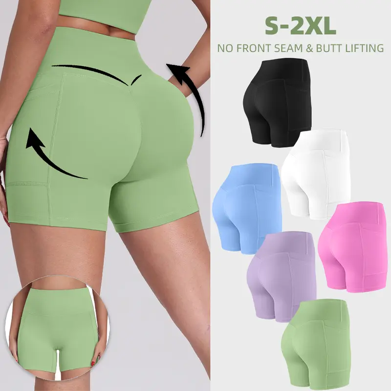 【LOCAL SHIPPING】1/3/4/6-PACK NO FRONT SEAM & BUTT LIFTING SHORTS with Pockets S-2XL - Women's High Waist Tummy Control 5'' Shorts with 1'' Elastic Waistband Yoga Wear Fitness Yoga Gym Activewear
