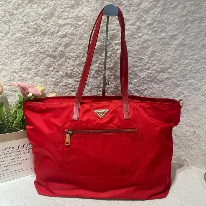 Pre-owned Prada Vintage Large Red Nylon Tote Bag ZX124