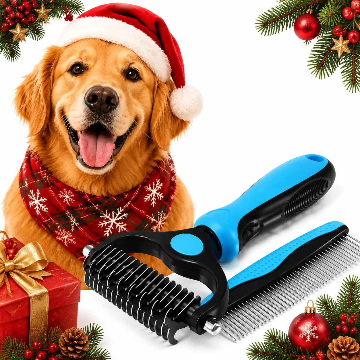 Double-Sided Pain-Free Pet Grooming Rake Brush - Plastic Body Dual-Sided Slicker, Undercoat Dematting & Fur Removal Tool for Dogs, Reduces Loose Fur & Flying Hairs, Extra Wide Shiny Coat Accessory cat stainless steel double-sided design