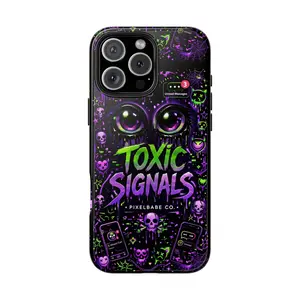 Toxic Signals phone case | neon goth skulls, creepy eyes, purple & green