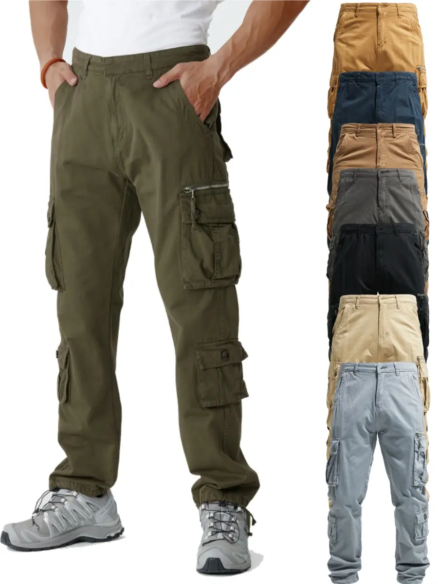 Men’s Straight Leg Multi-Pocket Cargo Pants, Zip Flap Pocket Adjustable Drawstring Ankle Trousers, Soft Washed Cotton Wear-resistant Outdoor Hiking Pants, Loose Casual Daily Trekking Bottoms With Assorted Solid Color Selections