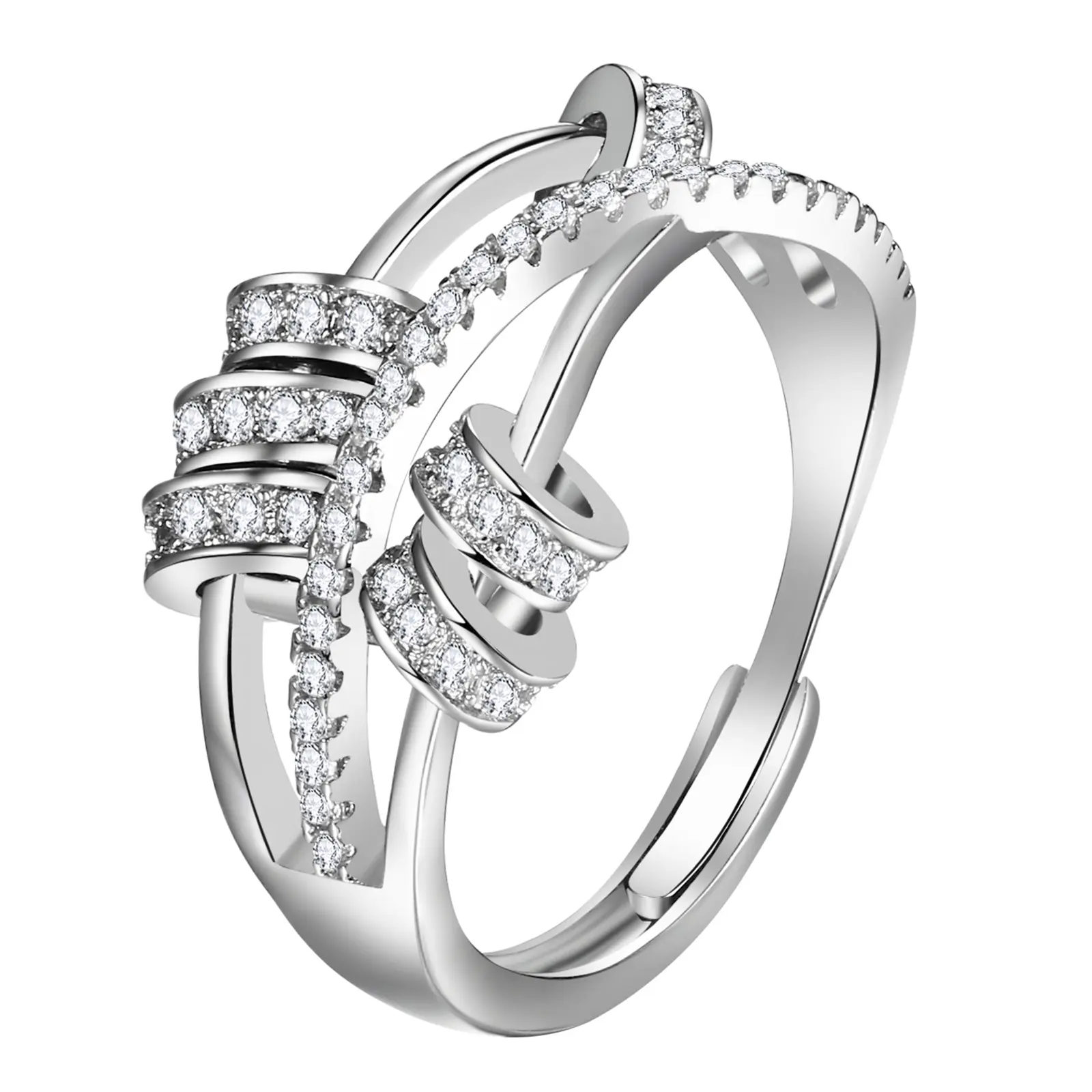 OIDEA Women's Adjustable Stainless Steel Wide CZ Crossover Spinner Anxiety Fidget Ring - Cluster Style, Multi-Row, Flexible, Adjustable Fitted Cube Zirconia Fashion Costume Jewelry Ring, Fidget Rings, Cluster Style Rings