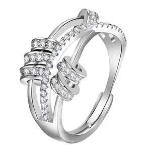 OIDEA Women's Adjustable Stainless Steel Wide CZ Crossover Spinner Anxiety Fidget Ring - Cluster Style, Multi-Row, Flexible, Adjustable Fitted Cube Zirconia Fashion Costume Jewelry Ring, Fidget Rings, Cluster Style Rings