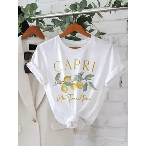 Women's Capri, Italy-inspired design featuring the Tyrrhenian Sea and lemon motif Graphic T-Shirt -       White Short Sleeve Crew Neck Regular Fit Casual Wear | Soft & Breathable Fabric, Durable Print, Everyday Comfort, Machine Washable, minimalist