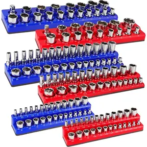 Magnetic Socket Organizer Set, 6PCS Socket Holder, 1/4", 3/8", 1/2" Sockets Holds 143 Pieces Magnetic Sockets Trays (Blue&red, 6 Pcs)