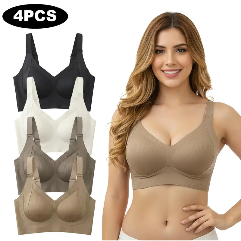 Women's 4-Pack Underwire-Free Lift Bralettes Set - Stretchy Comfy Seamless Ribbed Plain Bras, Adjustable Tie Back, Soft Breathable Fabric, Minimalist Daily Wear Lingerie (Suitable for Weddings, All Seasons)