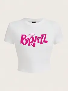 Bratz Women's Crop T-Shirt Y2K Pink Letter Prints Short Sleeve High Elastic Soft O-Neck Tees for Summer Clubwear - Top, Fabric