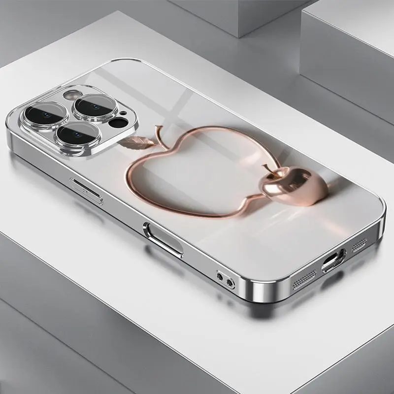Premium Versatile Metal Size Apple Printed Pattern Electroplating TPU Mobile Phone Case with Lens Protection for iPhone 17ProMax/11Proamx, 7/8plus, XR/Xs/XsMax Full Coverage Anti-Drop Tempered Glass Case, Accessories, Smartphone