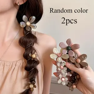 [Valentine's Day] 2pcs Vintage Floral Bubble Braided Hair Ties for Women - Elegant Spiral Elastic Ponytail Holders with Colorful Flower Design, Durable Synthetic Resin, Perfect Gift for Valentine's Day or Date Night, Cute Hair Accessories,