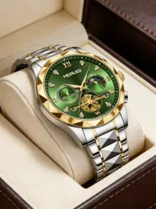 Men's Silver Color Automatic Mechanical Watch, Moon Phase Hollow Dial, Waterproof Night Glow, Business Casual Wristwatch Gift