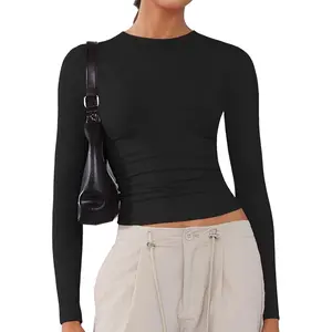 Women's Soft Long Sleeve Shirts Crew Neck Tops Basic Tees Stretchy Going Out Crop Tops Y2K Slim Fit T-Shirts2026